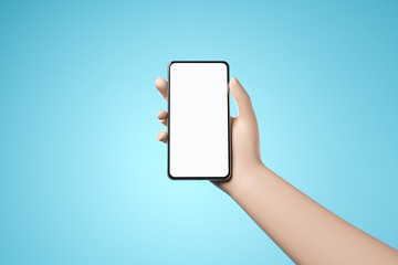 Fototapeta na wymiar Cartoon hand holding smartphone with blank white screen over blue background.