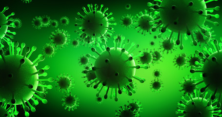Fototapeta na wymiar Coronavirus Infected Human Internal Under Microscope. Pandemic Disease. Dangerous Flu Outbreak. COVID-19 Disease Spreading. Virus Related 3D Illustration Render.