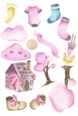 Watercolor hand drawn set of objects. Baby girl pink and blue style stuff and toys .