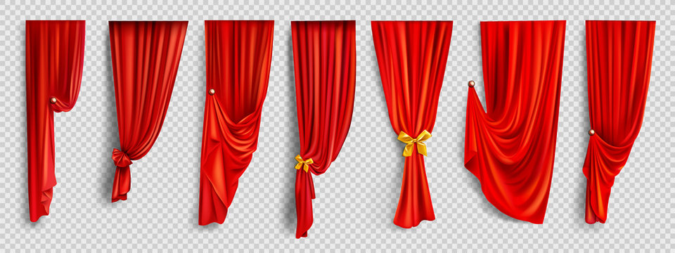 Red Window Curtains Set, Folded Cloth For Interior Decoration Realistic Vector Isolated On Transparent Background. Soft Scarlet Clear Material, Fabric Drapery Of Different Form Golden Pin Illustration