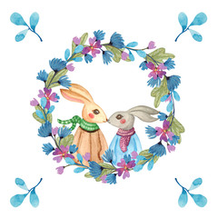 Watercolor composition with hares on a background of a floral wreath. Cute couple of bunnies in spring colors. Easter illustration.