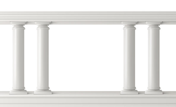 Antique columns, stone pillars frame balustrade isolated. Ancient figured elements connected at top with railing or horizontal beam. Roman or greece architecture. Realistic 3d vector illustration.