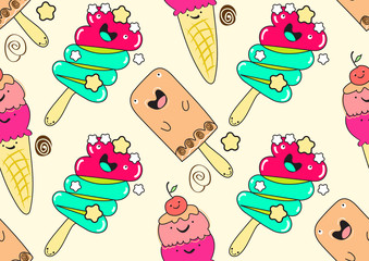 Seamless pattern with ice cream on a stick. Flat cartoon style. Vector illustration. Graphic for fabric.