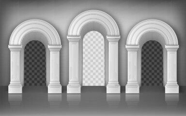 Arches with columns in wall realistic vector, interior gates with white pillars in palace or castle corridor, archway frames, portal entrance, antique doorway with shadow inside, 3d illustration