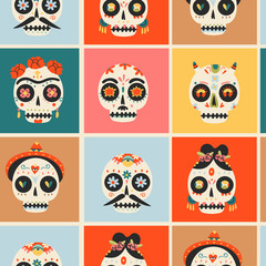 Set of various Sugar Sculls. Fancy skeleton heads. Various ornaments. Hand Drawn Vector illustration. Mexican Day of the Dead. Dia de los muertos. Halloween decoration. Seamless pattern. Background