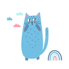 Fototapete Rund illustration of a cute blue surprised cat with clouds and a rainbow in the Scandinavian style on a white background. For design, cards, invitations, children's print. hand-drawn vector © Ekaterina Urvantseva