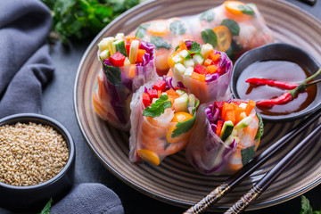 Spring or summer rolls with rice paper, shrimp and vegetable
