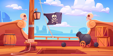 Pirate ship wooden deck onboard view, boat with cannon, wood boxes and barrel, hold entrance, mast with ropes, lantern and skull buccaneer flag on rocky seascape background cartoon vector illustration © klyaksun