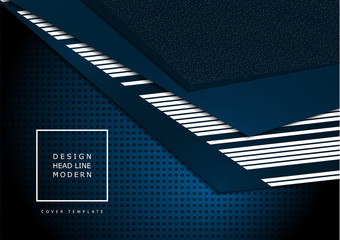 Obraz premium Bright abstract technical composition, geometric shapes, overlap, stripes, dots, perforated dark background. Contrasting blue and white colors. Modern template for your corporate design.