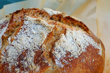 Loaf of crusty no-knead overnight bread baked in a Dutch oven