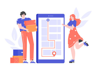 Home delivery. Track packages online in mobile application. Сonstructed route in the smartphone. Сourier gives boxes to the girl client. Vector flat illustration.