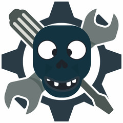 Funny skull on the center of wrench, screwdriver and gear