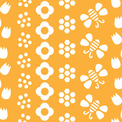 Yellow and white bees and flowers seamless repeat pattern tile, perfect for backgrounds, textures, wallpaper, surface pattern design, fabric, textiles, stationery and more.