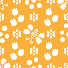 Yellow and white bees and flowers seamless repeat pattern tile, perfect for backgrounds, textures, wallpaper, surface pattern design, fabric, textiles, stationery and more.