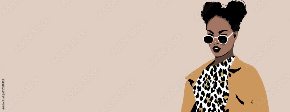 Wall mural african woman background sketch with afro hair, fashion background. black teenager.