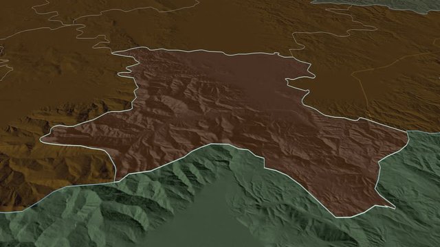 Uro&scaron;evac, district with its capital, zoomed and extruded on the administrative map of Kosovo in the conformal Stereographic projection. Animation 3D