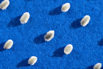 Pattern with a lot of fluffy willow earrings on a blue background from knitted Angora wool