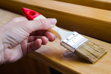 Female painter. Brush in a woman's hand , covering wooden planks and beams with varnish for...