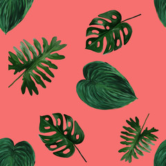 Original seamless tropical pattern with bright plants and leaves on coral background. Seamless pattern with colorful leaves of colocasia, filodendron, monstera. Exotic wallpaper. Hawaiian style © Olena