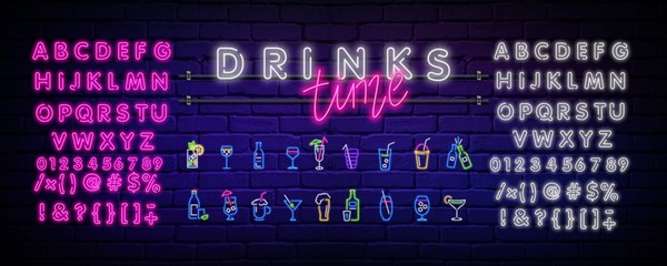Neon drinks. Cocktails, wine, beer, champagne. Night illuminated wall street sign. Cold alcohol drinks in dark night. Isolated geometric style illustration on brick wall background. - obrazy, fototapety, plakaty