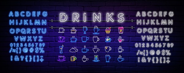 Set of dishes for coffee and tea neon sign logo vector illustration, logo in neon style, bright night sign, night coffee advertising. Editing the text of a neon sign. Neon alphabet.