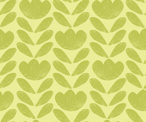 Textured minimal floral stripes seamless vector pattern. Simple minimal flower with leaves in a grainy texture in green on lime green background. 