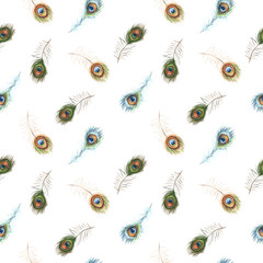 Watercolor peacock seamless pattern on white background