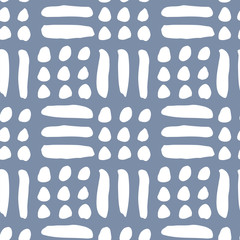 Lines and dots checks seamless vector pattern. Checks created with simple line and dots brush strokes in white on grey background. 