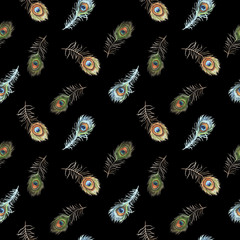 Watercolor peacock seamless pattern on black background