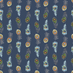 Watercolor peacock seamless pattern on gray background