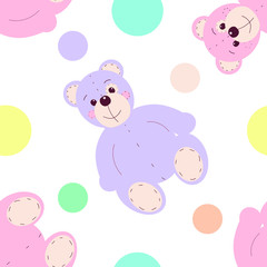 Vector seamless pattern with bright cute teddy bear toys on a white background with bright circles.Cheerful children's ornament