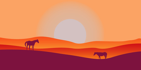 Two horses graze in a valley at sunset. Scenic vector landscape with shiny hills and big sun