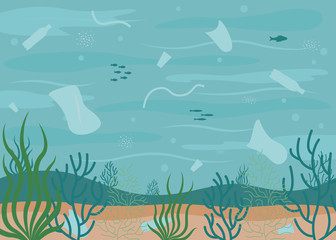 Water pollution, underwater trash. Plastic waste, bottles and bags in water. Ecological problems. Seascape. Vector illustration flat style