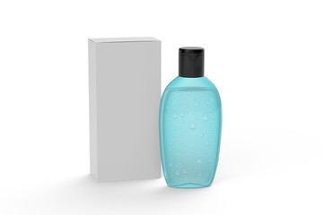Clear hand sanitizer in a clear bottle with box isolated on a white background. Hand sanitizer is used for killing germs, bacteria and viruses. 3d illustration 