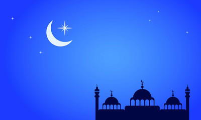 Ramadan kareem greeting card vector design. Ramadan shiny crescent moon and mosque. Ramadan Kareem Glorious month of Muslim year.