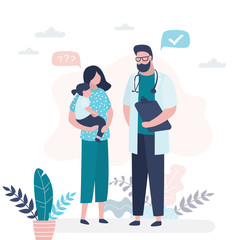 Pediatrician doctor talking to patients. Mother with daughter and male medical specialist or nurse. H