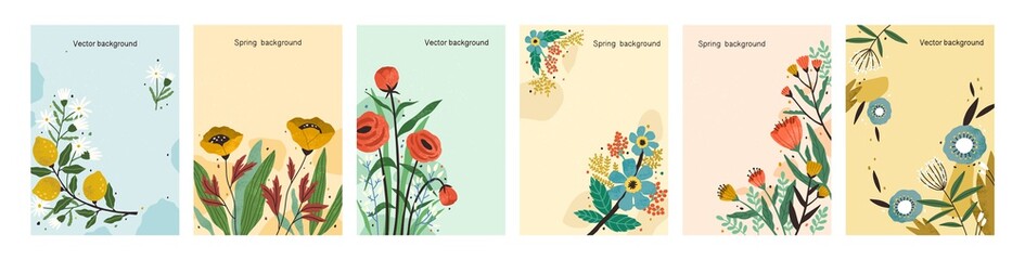 Collection of colorful natural spring backgrounds. Elegant floral backdrop set with a place for text. Vertical poster or flyer with blooming flowers and leaves. Vector textured illustration.