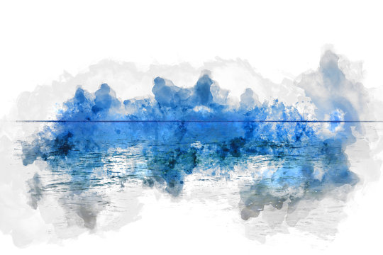 Abstract colorful soft wave ocean sea at Phuket, Thailand on watercolor illustration painting background.