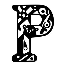 Letter P. Stylized: bear, berries, leaves, patterns inside the letter. Black and white vector illustration. Isolated on a white background.