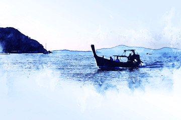 Abstract sea soft wave and speed boat in Thailand on watercolor illustration painting backgroud.