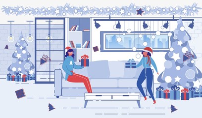 Women Characters in Decorated Office Give Presents