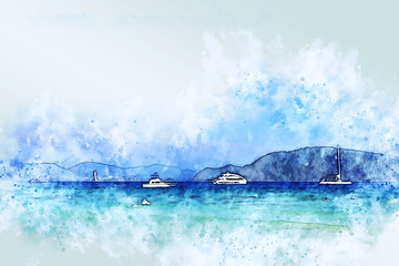 Abstract sea soft wave and speed boat in Thailand on watercolor illustration painting backgroud.