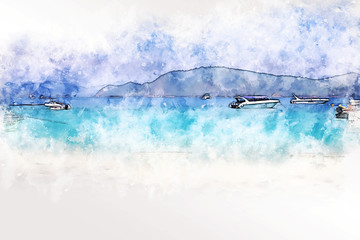 Abstract sea soft wave and speed boat in Thailand on watercolor illustration painting backgroud.
