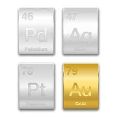 Gold, silver, platinum, palladium on periodic table. Precious metals, chemical elements with a high economic value. Symbols and atomic numbers, golden and silver vector illustration on white. - obrazy, fototapety, plakaty