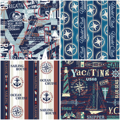 Nautical style marine sailing elements wallpaper abstract vector seamless pattern collection 