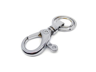 Close up of key chain or key ring isolated on white background. Alloy keychain. Chrome color keyring.