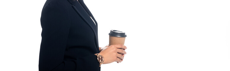 Cropped view of african american woman with disposable cup of coffee isolated on white, panoramic shot