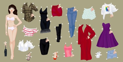 Paper doll of a pretty brunette girl with a variety of paper clothes and shoes - 331005140