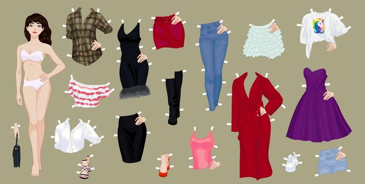 Paper doll fashion clothes set, cute anime girl for dress-up game