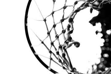 Hoop and net of basketball hoop in a strange view from the bottom,Black and White.